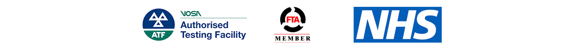 VOSA Authorised Testing Facility, FTA Member and NHS logos