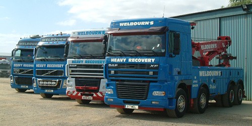 Welbourn's heavy recovery fleet lined up at the depot