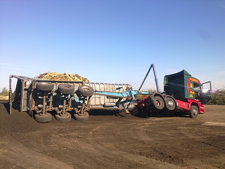 Overturned articulated lorry awaiting recovery