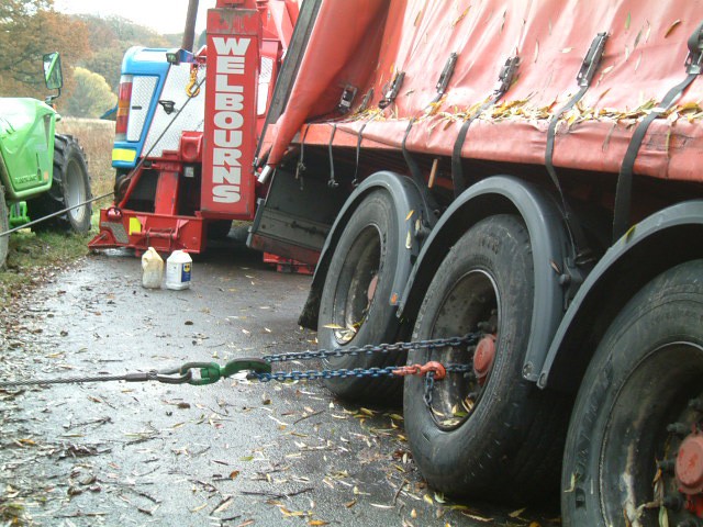 Welbourn's recovery vehicle winching a trailer upright
